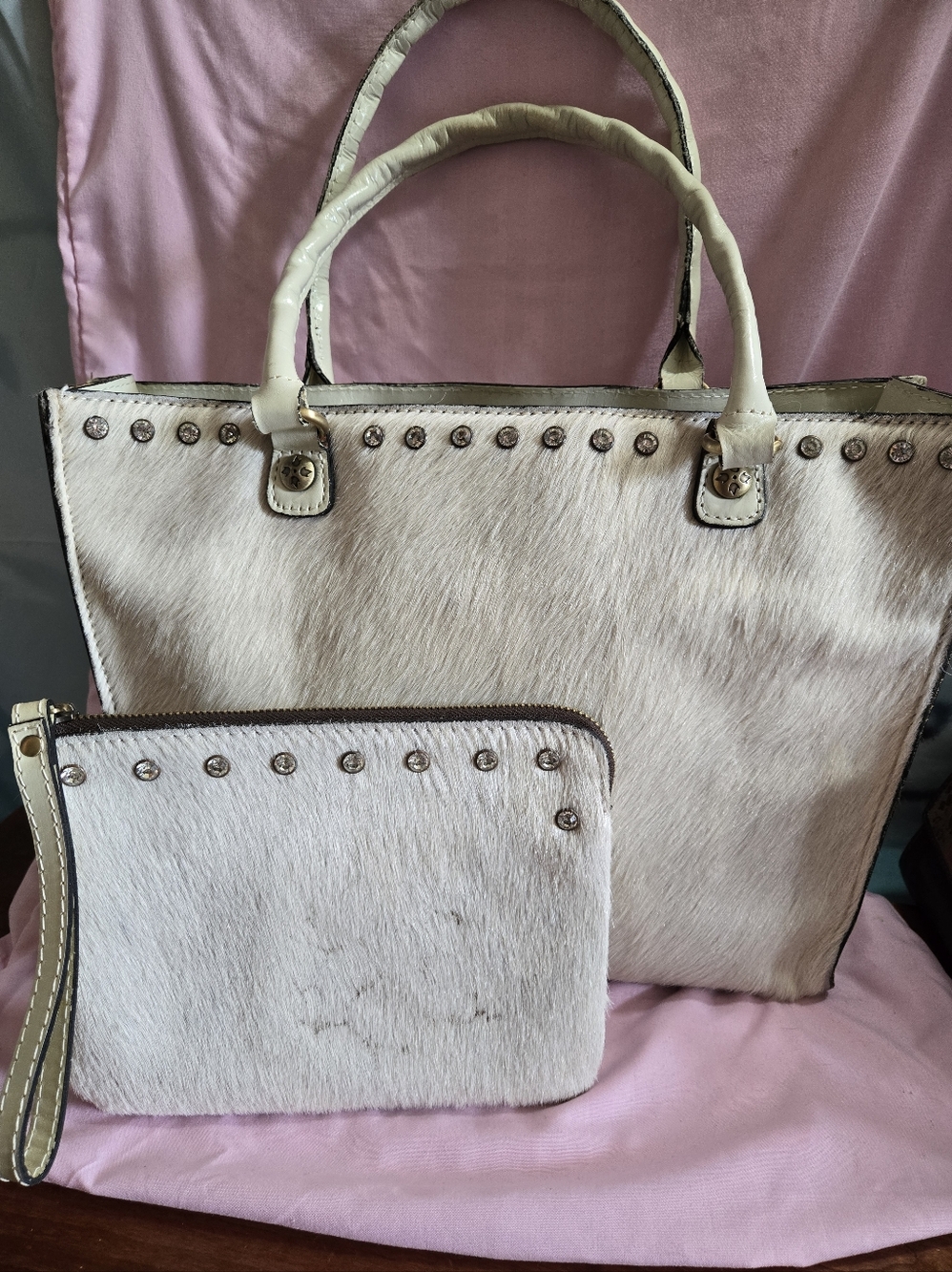 Patricia Nash Cream Studded Calf Hair Tote and Wristlet Set